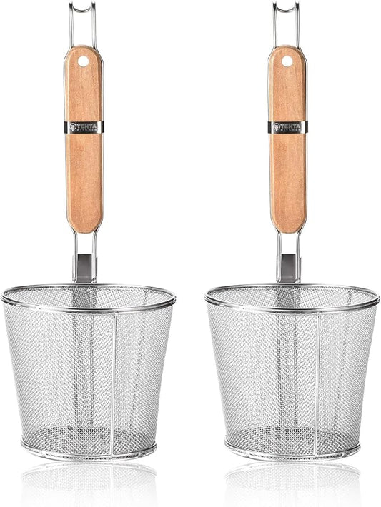 2 Pieces Pasta Strainer Basket Stainless Steel Fine mesh Pasta Strainer Basket with Wooden Handle Good For Boiling Food Spaghetti Dumpling (Dia 5.5inch/14cm)