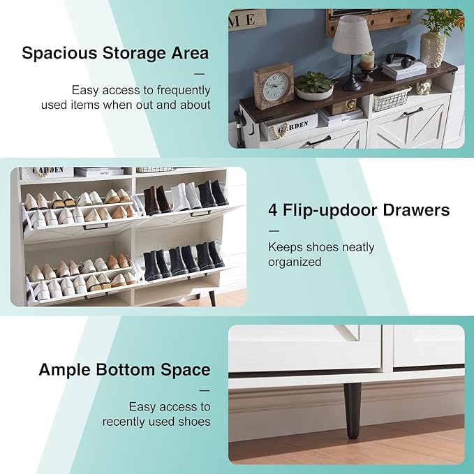 Shoe Storage Cabinet,Farmhouse Shoe Organizer with 4 Flip Drawers & Barn Door Design,Freestanding Hidden Slim Narrow Shoe Rack with Open Shelves for Entryway,Foyer,Hallway,Antique White