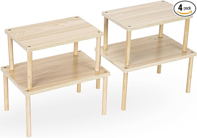 Wood Cabinet Organizer Shelf, Set of 4 Kitchen Counter Shelves, Stackable Spice Organization for Cabinet, Pantry Cupboard Dish Mug Cup Storage Shelf