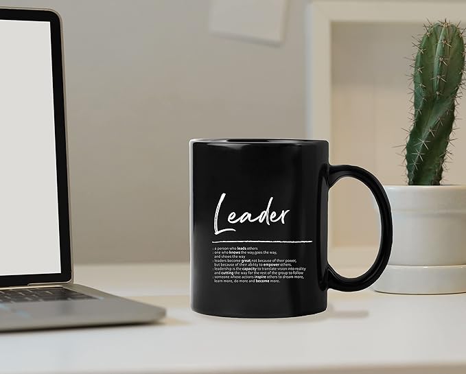 QUICQOD Leader Definition Coffee Mug - Appreciation Gifts for Leadership, Retirement, Mentor, Supervisor - Black Ceramic 11Oz Thank You Gift