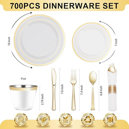 BESTVIP 700PCS Clear Gold Plastic Dinnerware Set for 100 Guests, Disposable Party Plate for Christmas and New Year, Include: 200 Plastic Plates, 100 Pre Rolled Napkins with Silverware, 100 Cups