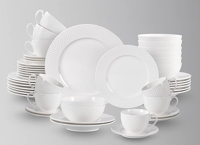 HomeVss, New Bone China Dinnerware Set, Embossed Diamond Design, 48pc Set