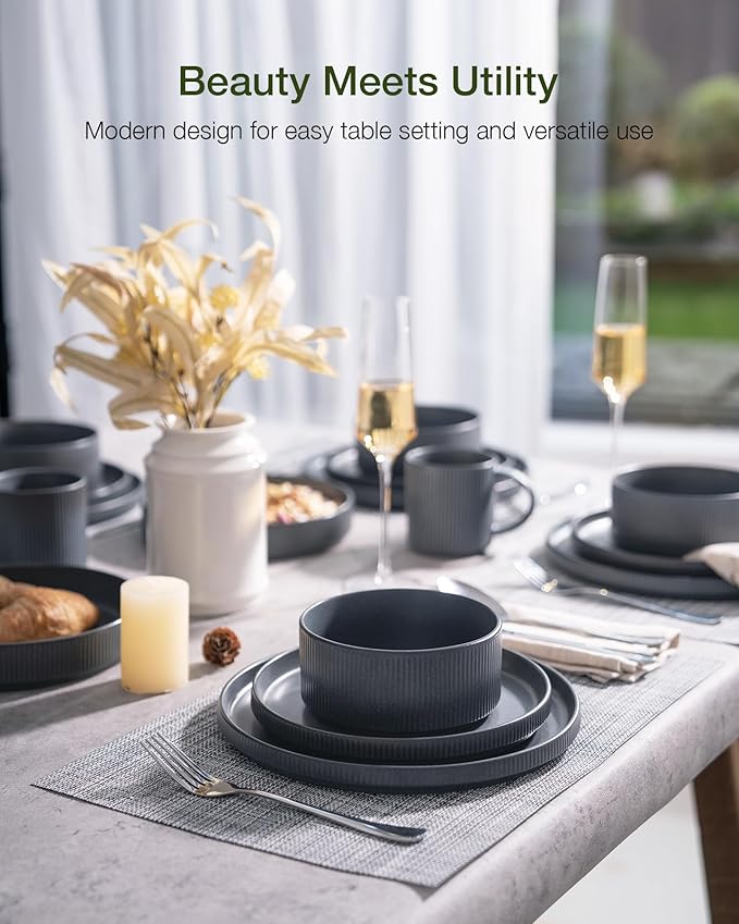 Famiware Star Dinnerware Set with Pasta Bowls, Service for 4 (16pcs), Ribbed Stoneware Plates and Double Bowls Dishes Sets - Chip & Scratch Resistant, Microwave & Dishwasher Safe, Matte Dark Charcoal