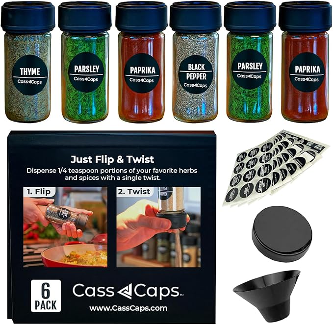 Spice Jars & Measuring Caps Set – Measure Straight from The Bottle! Faster Meal Prep, No Mess, No Clean Up. 6 Pack Holiday Special!