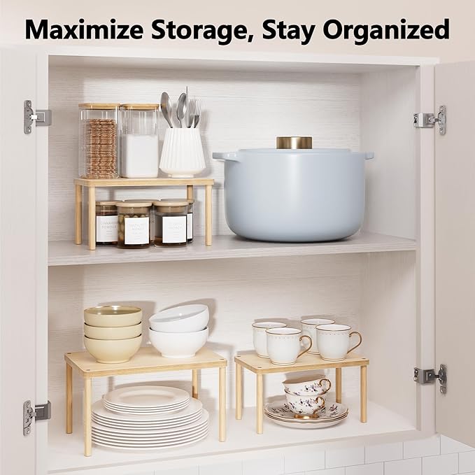 Cabinet Storage Organizer Shelf, Set of 3 Kitchen Cabinet Shelves, Stackable Cabinet Risers, Wood Spice Rack for Countertop, Under Sink, Bathroom, Pantry Organization with Non-Slip Mat