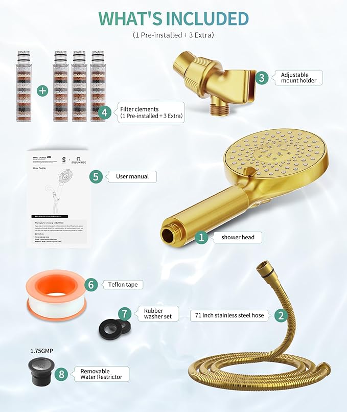 SR SUN RISE Filtered Shower Head with Handheld High Pressure 9 Spray Mode Showerhead Detachable Shower Head Water Softener Filters Beads for Hard Water Remove Chlorine 4 Filters Brushed Gold