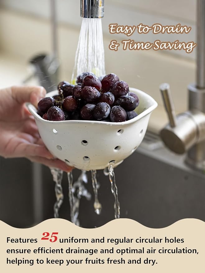 Gomakren Ceramic Berry Basket Set of 2, Rustic Fruit Basket Container 6 Inch, Fruit Bowl with Holes for Kitchen, Berries, Strawberry, Grape, Cherry, Floral Shape - Cream White