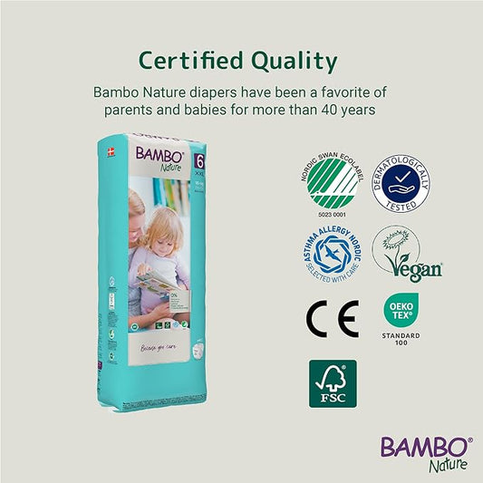 Bambo Nature Hypoallergenic Baby Diapers, Eco-Labeled Diapers, Enhanced Leakage Protection, Totally Chlorine-Free, Skin Friendly, and Super Absorbent - Size 6 (120 Count)