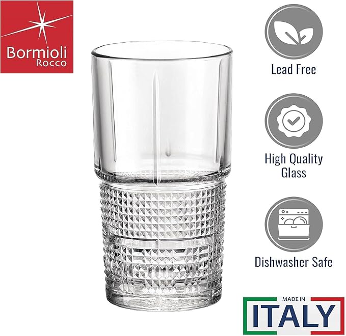 Bormioli Rocco Bartender Novecento Stackable 13.75 oz. Hi-Ball Drinking Glass for Mixed Cocktails, Clear, Set of 4