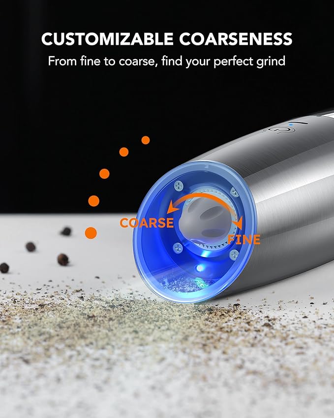 FORLIM Gravity Electric Salt and Pepper Grinder Set, USB Rechargeable 9oz Large Capacity Salt Grinder, Automatic One-Click Grinding One Hand Operated Adjustable Coarseness Pepper Mill(Silver)