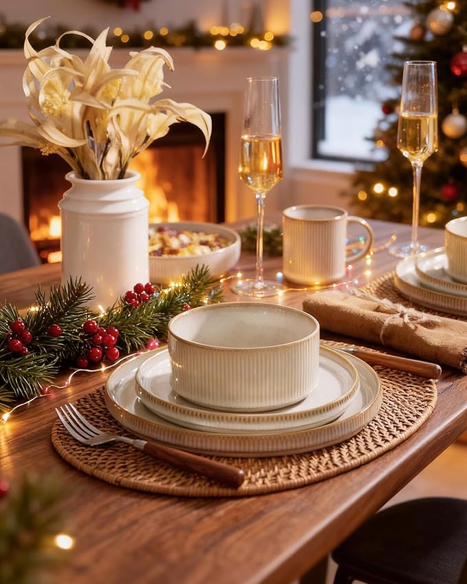 Famiware Star Dinnerware Set with Pasta Bowls, Service for 6 (24 Pieces), Ribbed Stoneware Plates and Double Bowls Sets - Chip & Scratch Resistant, Microwave & Dishwasher Safe Dishes, Cappuccino White