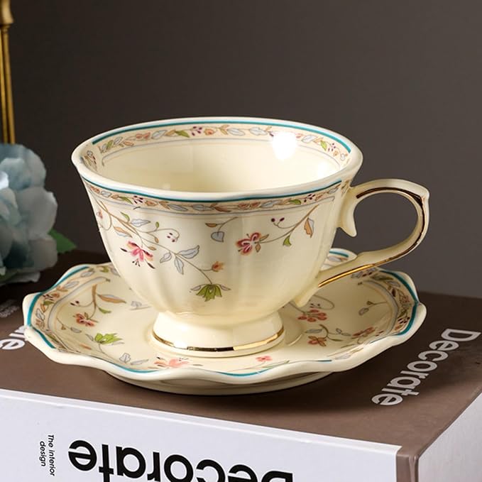 Golden Handle Ceramic Tea Cups and Saucers,Vintage flower Pattern Espresso Coffee Mug Set,Bone China Tea Cups about 8.45 oz/250 ml, Style02