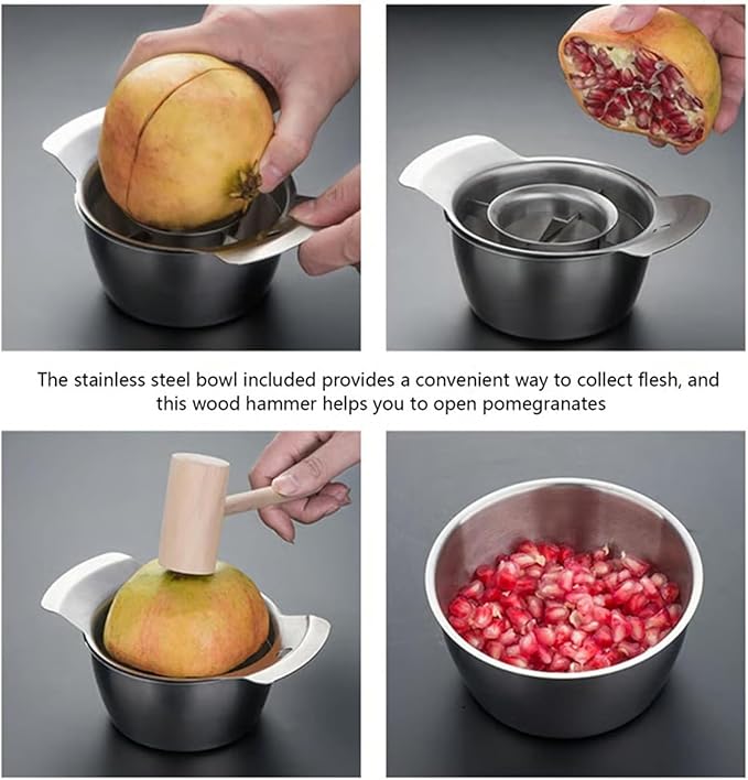 304 Stainless Steel Pomegranate Peeling Tool, 2026 New Pomegranate Deseeder Tool, High-Efficiency Pomegranate Peeler with Bowl & Wooden Hammer, for Home Kitchen
