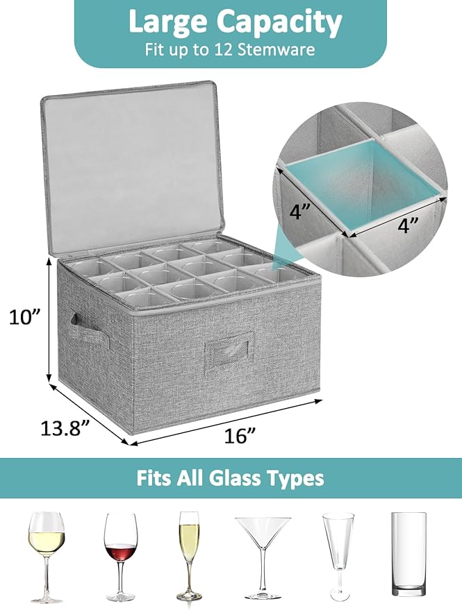 Cirhy Wine Glass Storage Box, Stackable Rigid-Shell Glassware Storage Containers with Dividers & Handles, Holds 24 Crystal Glasses, 2-Pack Protective Stemware Organizer for Moving, Kitchen Storage