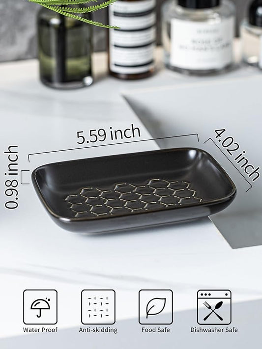 Gomakren Soap Dish for Shower, Bar Soap Holder, Ceramic Soap Dishes for Bar Soap, Christmas Sponge Holder Soap Saver Soap Tray for Bathroom Kitchen Sink, 5.5 Inch, Black