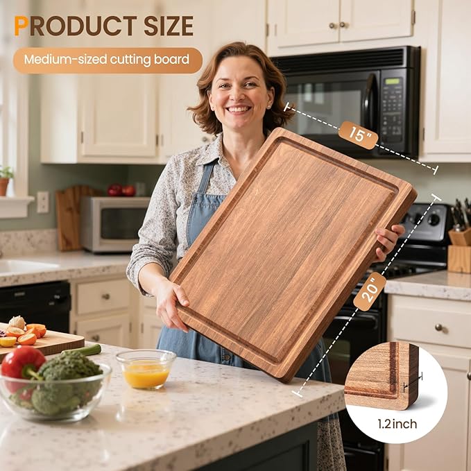 Acacia Wood Cutting Board for Kitchen,20x15x1.2 Inch Butcher Block with Juice Grooves and Side Handles, Large Charcuterie & Chopping Board for Meat Cheese Vegetables Fruit