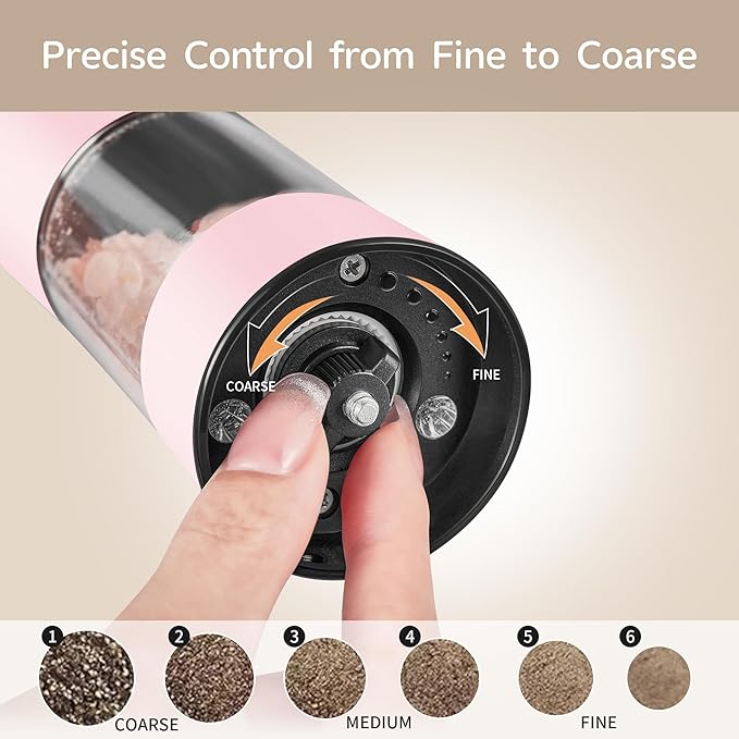 Gravity Electric Salt and Pepper Grinder Set 2-Pack, USB-C Rechargeable with LED Light, Automatic Stainless Steel Mills for Kitchen, BBQ, Dining Table & Gifts - Petal Pink