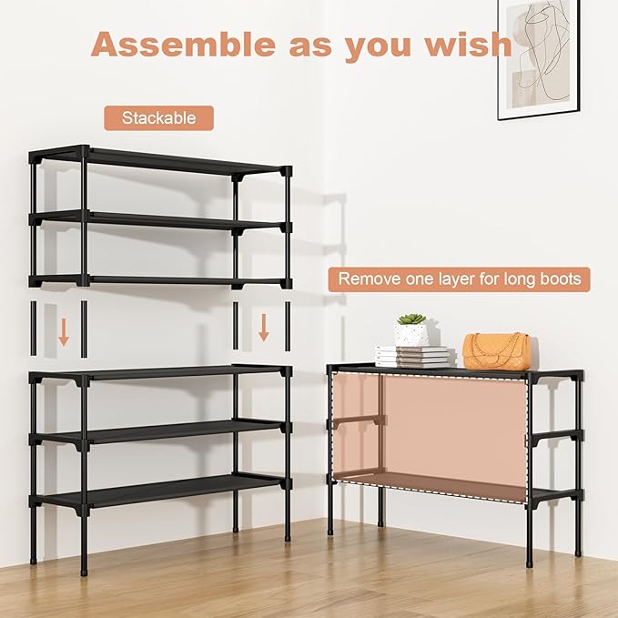 34" Widening Design Shoe Rack for Closet 16 Pairs Small Spaces Non-Woven 3 Tier Shoe Organizer Stackable Metal Shoe Shelf for Entryway, Bedroom