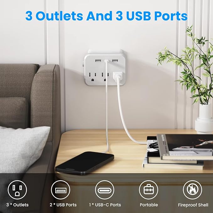 Switch with Surge Protector Mini Portable Power Strip 6-in-1 Multifunctional 3 Power Strip 2 USB Ports 1 Type-C Christmas Daily Use Item Pack of 1 White