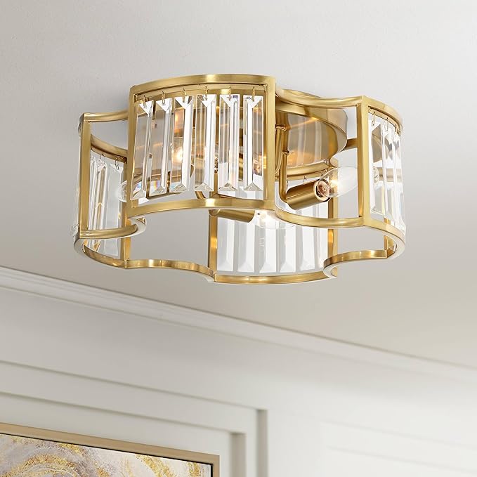 Possini Euro Design Gillian Modern Glam Ceiling Light Semi Flush-Mount Fixture 15" Warm Soft Gold 4-Light Crystal Rods Shade for Bedroom Kitchen Living Family Room Hallway Dining Bathroom House