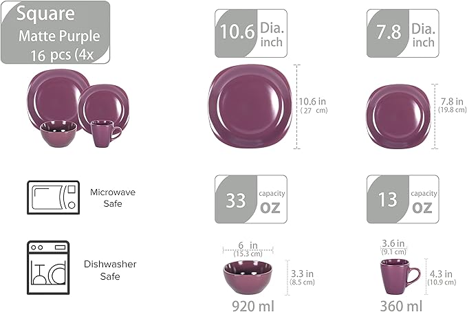 Stoneware Square 16pc Dinnerware Set, Matte Purple