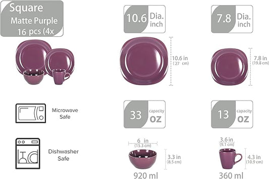 Stoneware Square 16pc Dinnerware Set, Matte Purple