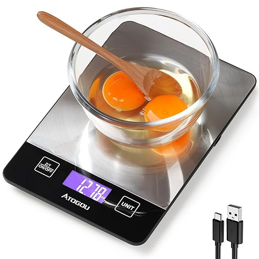 Atogou 33lb Food Scale, Rechargeable Kitchen Scale with Full-View Backlit LCD Display, Stainless Steel Surface, Type-C Charging or AAA Batteries (not Included), for Baking, Cooking, Food, Meal Prep