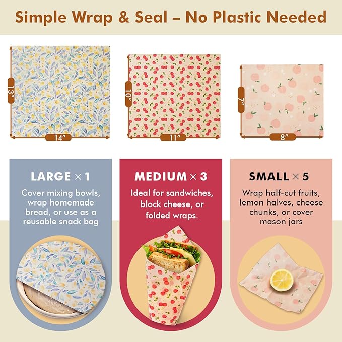 Beeswax Wraps for Food, 9 Pack Reusable Bees Wax Wraps, Zero Waste, Food Storage Beeswax Paper, Sustainable Wax Paper(1XL+3M+5S) Food Wrap, Sandwich Wrap & Bowl Covers