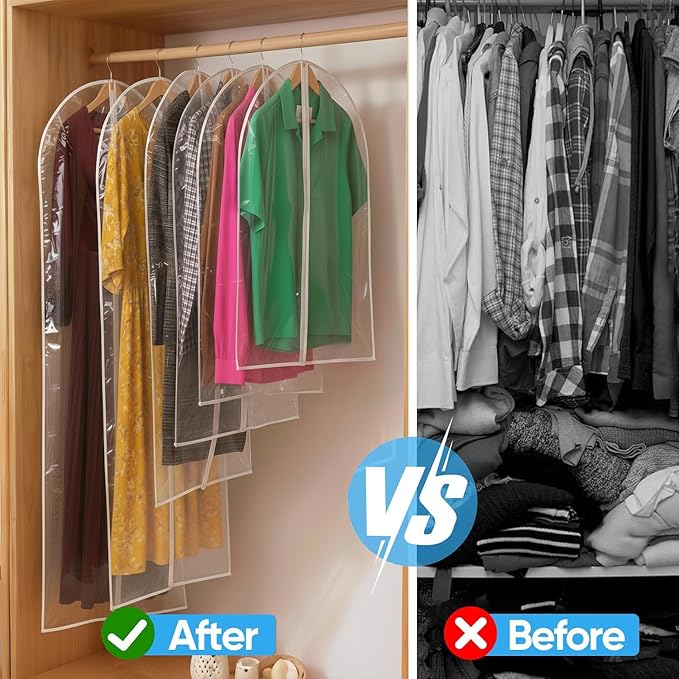 40” All Clear Garment Bags for Travel - PEVA Waterproof Suit Cover with Zipper for Hanging Clothes, Dresses, Coats - Durable Dresser for Closet Storage, Dustproof & Moisture Resistant - 40''/12 Pack