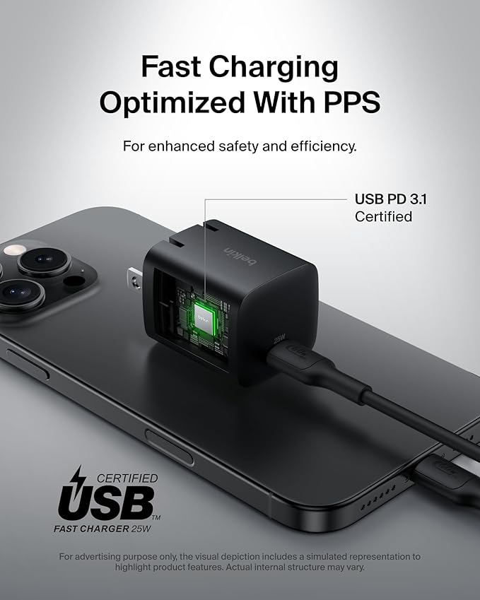 Belkin USB C Charger Block 25W (2 Pack) – PD3.0 PPS Super Fast Charging - Samsung Galaxy S25, S24, Apple iPhone 17, Air, Pro, Pro Max, AirPods, Apple Watch, Google Pixel 10, Nintendo Switch - Black