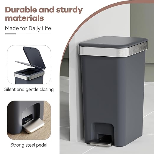 2Pack Small Bathroom Trash Can with Lid Soft Close, 10 Liter/2.6 Gallon Slim Garbage Can-Metal Step and Press top Lid, Mini Modern Waste Basket for Toilet, Office, Bedroom,Dorm,Dark Gray