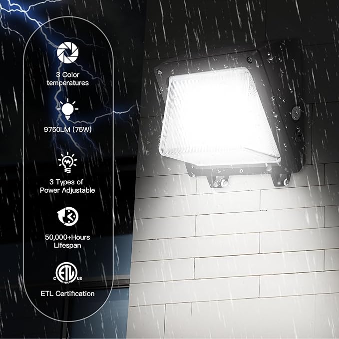JTT LED Wall Pack Lights Outdoor with Dusk to Dawn Photocell, Selectable 75W/60W/45W, 9750LM/7800LM/5850LM, 6000K/5000K/4000K,Waterproof Flood Security Wall Pack Lighting for Garage Yard Parking Lot
