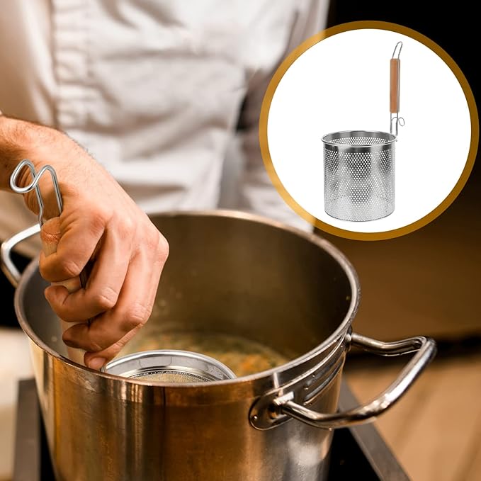 Angoily Mesh Pasta Basket Food Strainer Hot Pot Colander with Round Wooden Handle Stainless Steel Mesh Spider Strainer for Pasta Noodles Dumpling Vegetable