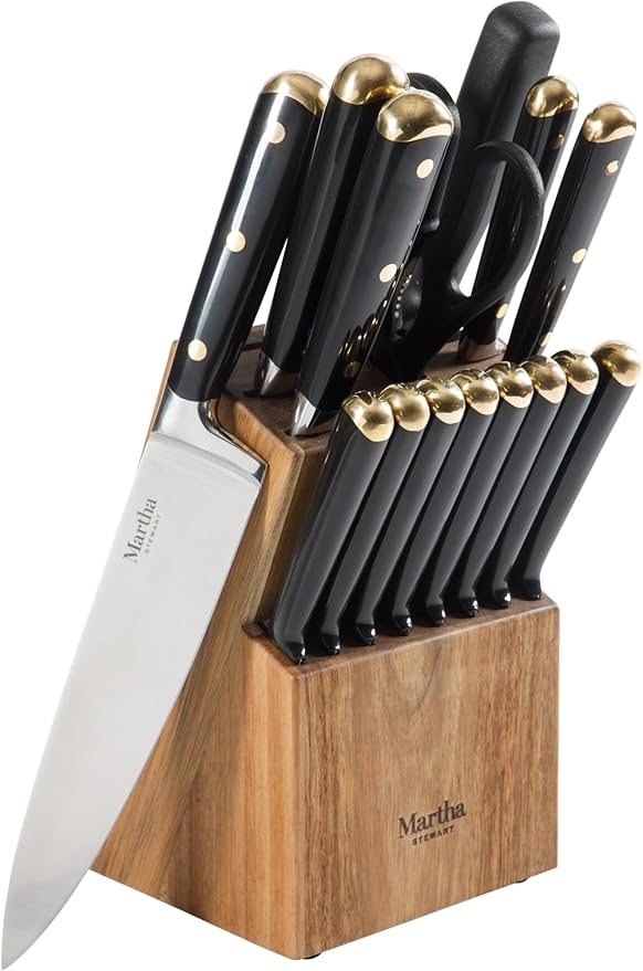 Martha Stewart 16 Piece Lockton High Carbon Stainless Steel Cutlery Kitchen Knife Block Set W/ABS Tripe Riveted Forged Handle Acacia Wood Block - Black W/Gold