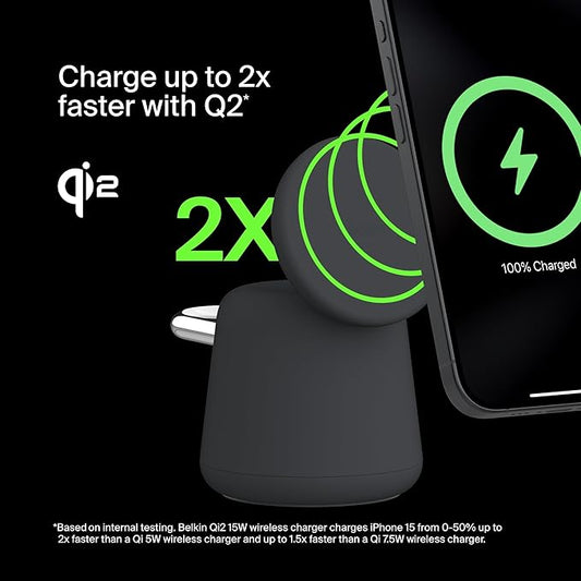 Belkin 2-in-1 Qi2 Wireless Charging Dock 15W Fast Charge iPhone Charger Compatible with iPhone 17, 16, 15, 14, and 13 Series, AirPods, and Other Qi2 Enabled Devices, Includes Power Supply - Black