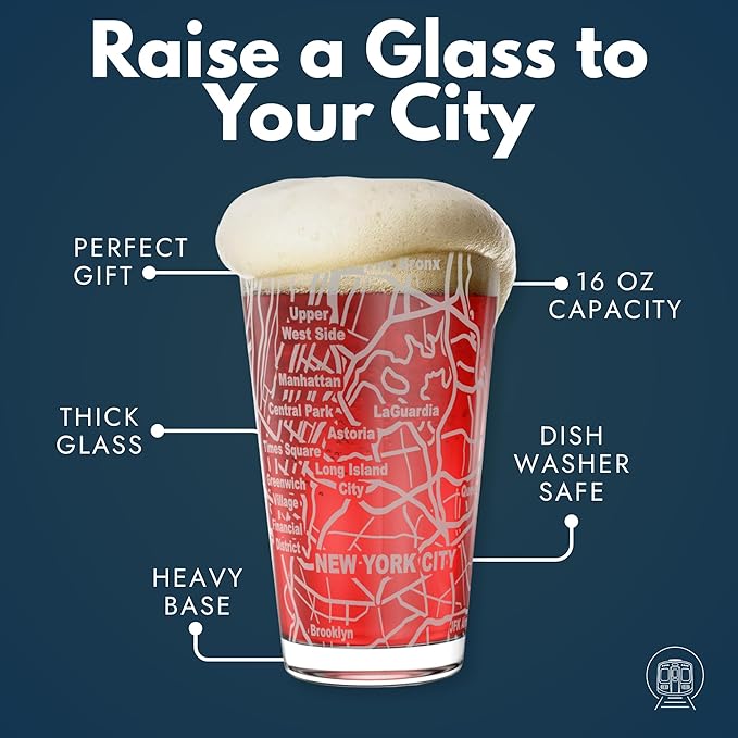 Greenline Goods – New York, NY Map Pint Beer Glasses (Set of 2), 16 oz – Etched Wrap Design