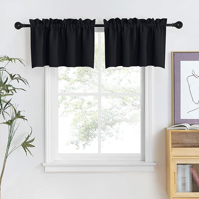 NICETOWN Blackout Valances for Kitchen Windows/Living Room/Bathroom Privacy Protection Rod Pocket Decoration Camper RV Curtains for Small Window Halloween Decor, 42" W x 18" L, Black, 1 Pair