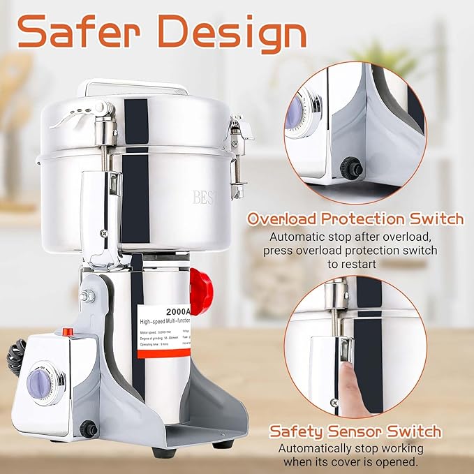 Electric Grain Mill Grinder 2000g Stainless Steel Pulverizer 36000r/min High-speed Grain Mill 3500W Dry Material Grinding Machine 270° swingable Superfine powder for Home and Commercial