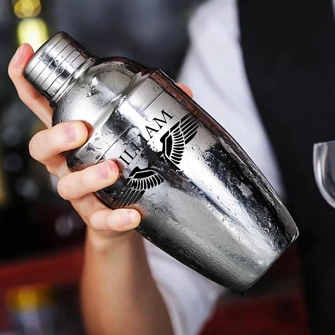 Personalized Cocktail Shaker 24oz - Custom Stainless Steel Bar Kit with Engraved Name, Built-in Strainer & Measuring Jigger & Spoon, Gift for Bartenders & Cocktail Lovers (Eagle Design)