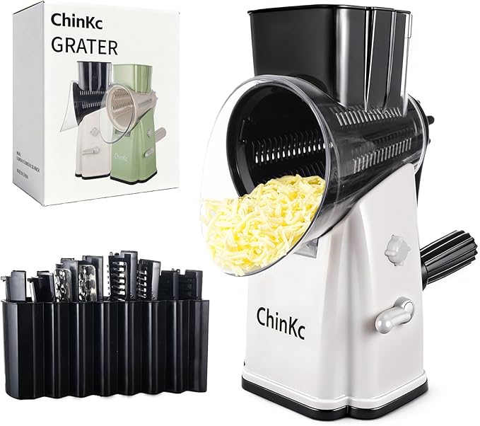 Rotary Cheese Grater Shredder - Upgraded 5 in 1 Cheese Grater with Handle and Strong Suction Base, Multi-purpose Julienne Slicer Ice Shaver Nuts Grinder for Ice, Vegetables, Fruit, Nuts