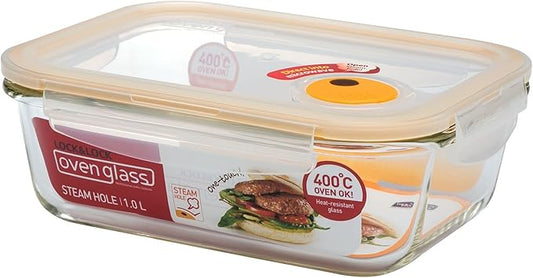 LOCK & LOCK Purely Better Glass Food Storage Container with Steam Vent Lid, Rectangle-34 oz, Clear