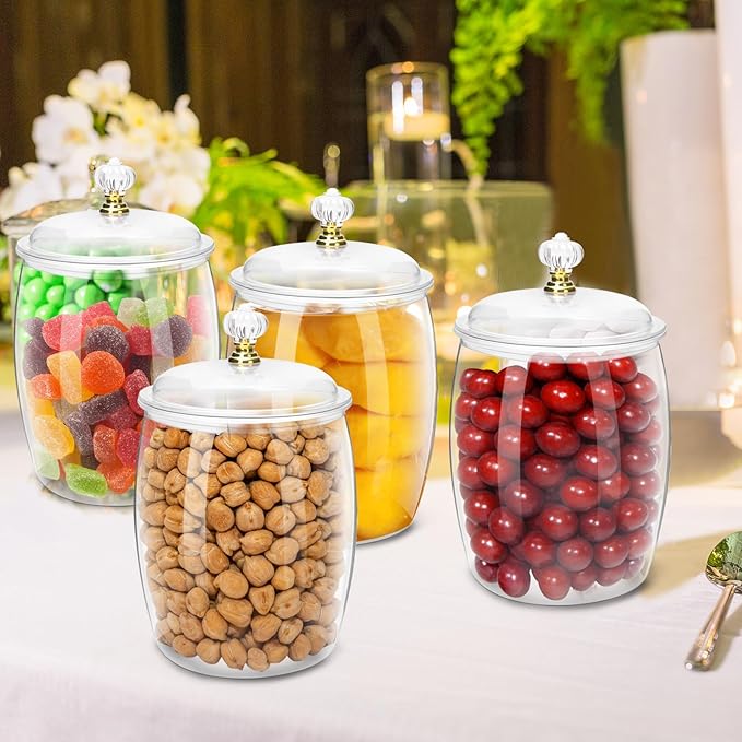 4 Pack 64 Oz Plastic Candy Jar with Lids, Airtight Clear Cookie Storage Containers, Leakproof Apothecary Style Kitchen Organization for Home, Wedding, Pantry & Bathroom Decor