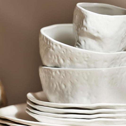 Stone by Mercer Project Atik Modern Stoneware 16-Piece Dinnerware Set, Plate and Bowl Set, Dish set for 4, White