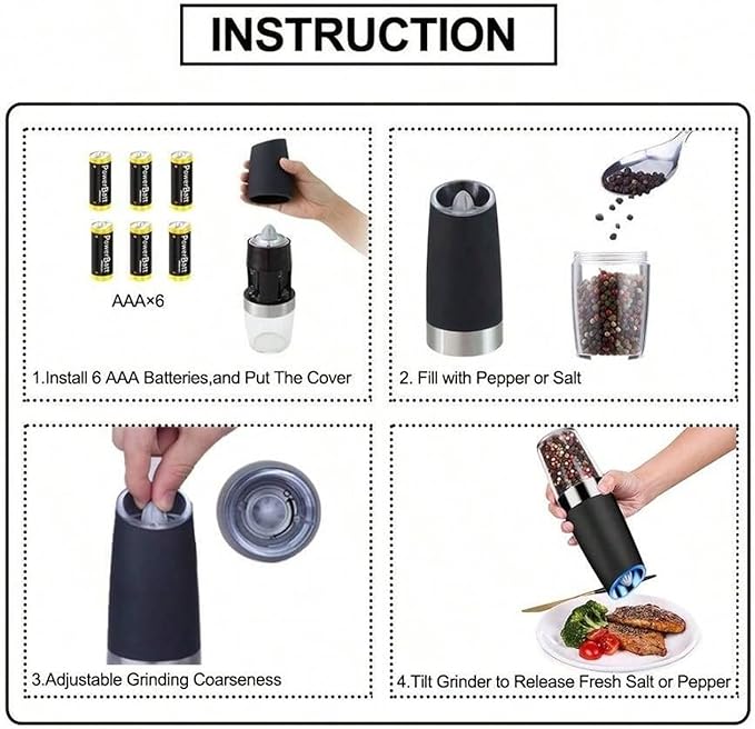 Gravity Electric Salt and Pepper Grinder Set - 1 Pack Automatic Mills with Adjustable Coarseness, LED Light, Battery Powered, One-Handed Use (Black) (Black Single Pack (Includes Cleaning Brush))