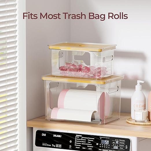 Delamu 2 Pack Acrylic Trash Bag Holder, Stackable Garbage Bag Dispenser with Bamboo Lid, Clear Organizer Bins for Under Sink Organization, Pantry Storage, Cabinet, Kitchen, Laundry, Bathroom