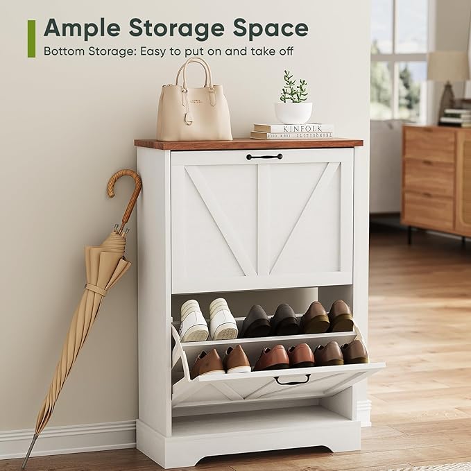 Shoe Cabinet, Shoe Storage Cabinet for Entryway with 2 Flip Drawers, Narrow Farmhouse Shoe Organizer Cabinet, Slim Shoe Rack Cabinet, White