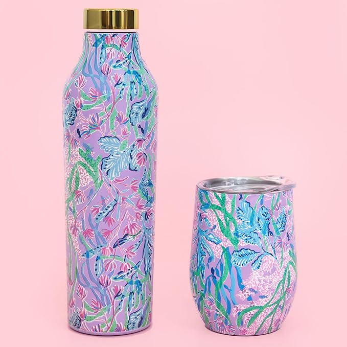 Lilly Pulitzer 12 Oz Insulated Tumbler with Lid, Yellow/Green Stainless Steel Travel Wine Glass, Double Wall Metal Cup (Secret Escape)