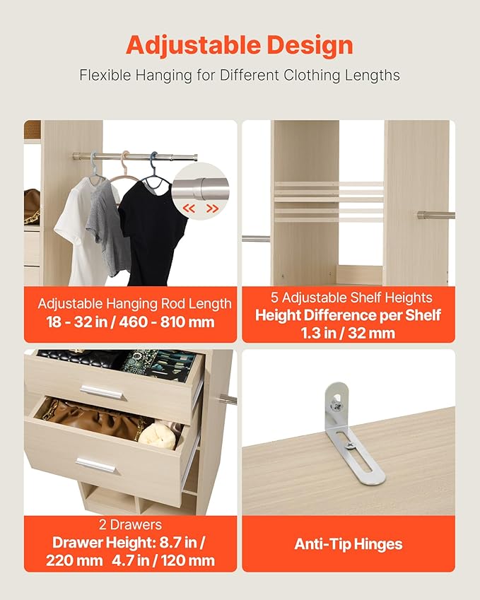 VEVOR Closet System with 2 Drawers, Adjustable Height Wooden Closet Organizers, Modern Walk-in Wardrobe Organization with 5 Retractable Clothes Hanger Rods, Freestanding Garment Rack Storage, Oak