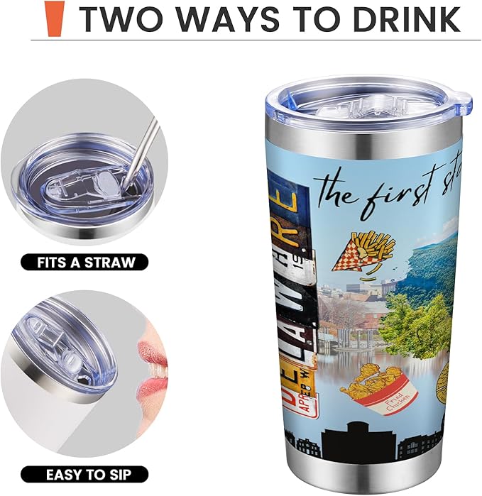 20oz Insulated Tumbler Delaware State Coffee Mug, United States Map Travel Mug Landmark, Birthday Gifts Cute Custom Tumbler Cups with Lid and Straw Mothers Day Gifts