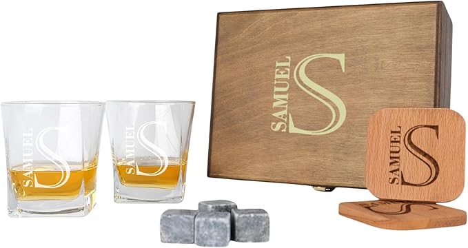 Personalized Whiskey Glasses Gift Set with Engraved Wooden Box and Whiskey Stones – Custom Whiskey Glassware for Men & Whiskey Lovers